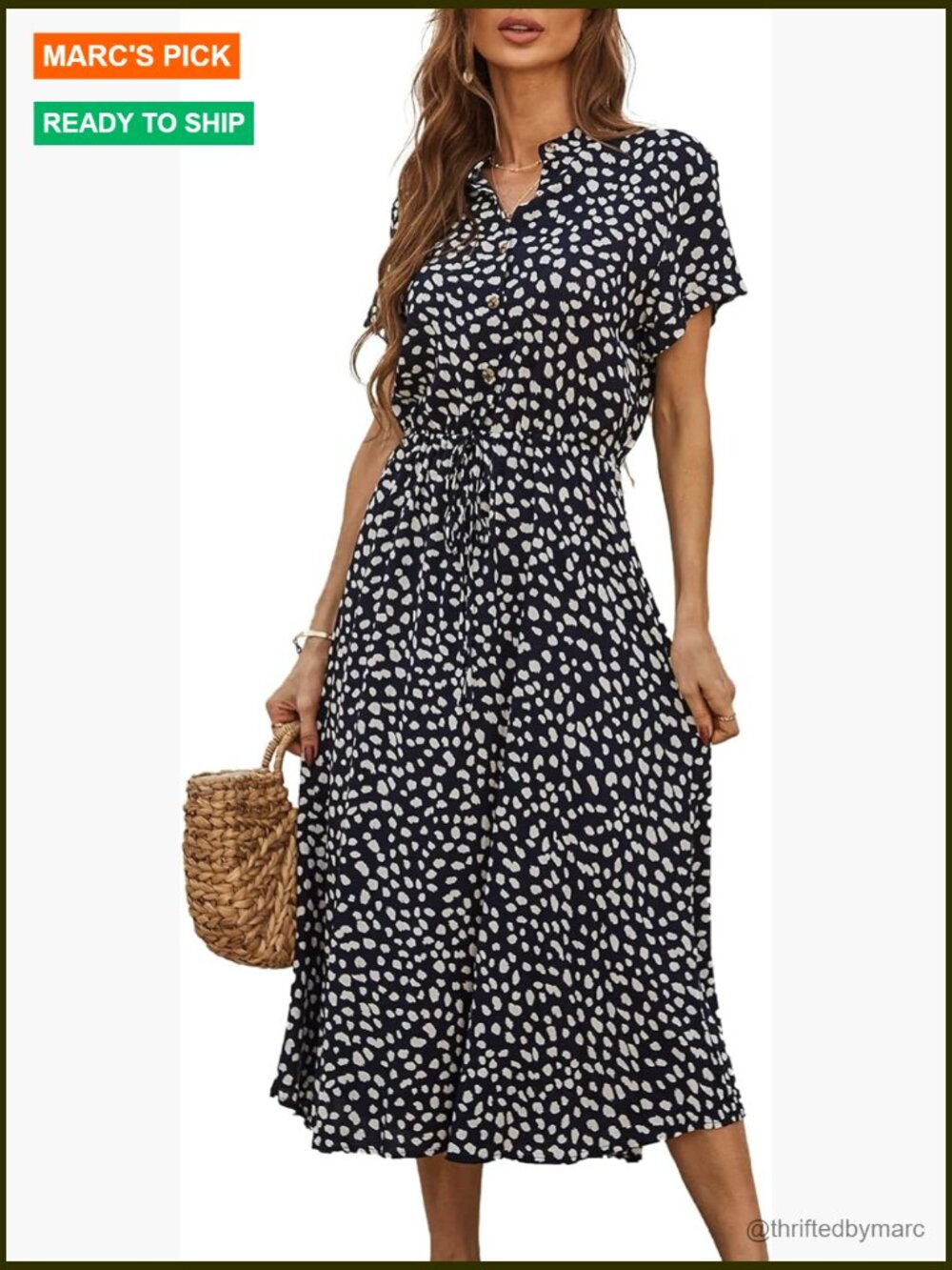 Vintage Polka Dot Button Down Midi Dress Short Sleeve Smocked Waist A-Line